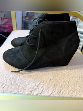 Black Suede Lace-Up Wedge Ankle Booties